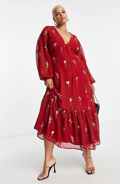 Asos Design Curve Floral Long Sleeve Maxi Dress In Burgundy