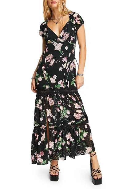 Asos Design Pintuck Maxi Dress With Lace Inserts In Floral Embroidery-multi