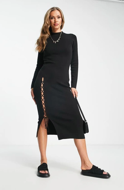 Asos Design Knit Midi Dress With Lace Up Detail In Black