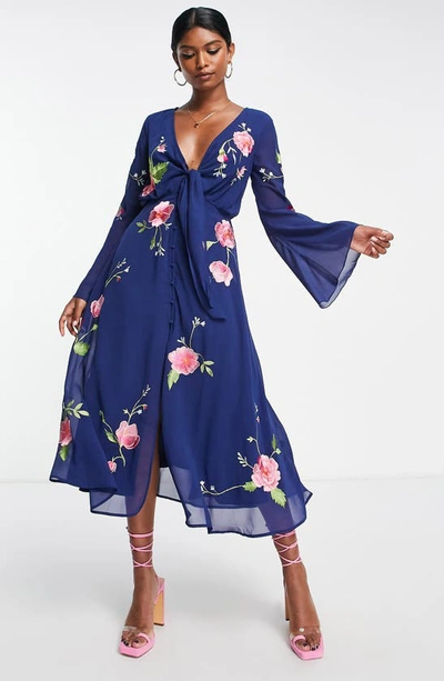 Asos Design Floral Embroidered Long Sleeve Tie Front Midi Dress In Navy