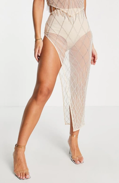 Asos Design Diamante Embellished Mesh Midi Skirt With Slit In Beige - Part Of A Set-neutral