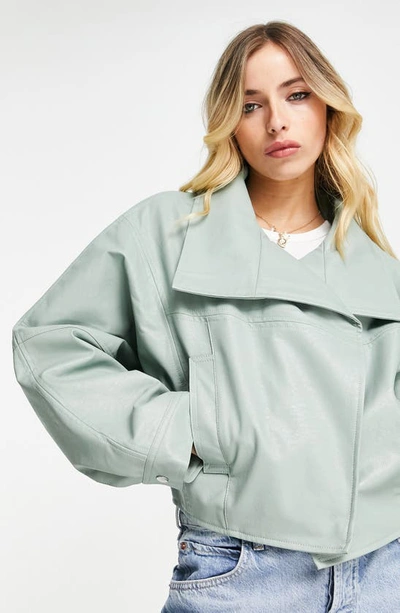 Asos Design Faux Leather Chuck On Jacket In Sage-green In Neutral