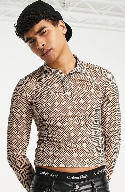 Asos Design Musle Fit Long Sleeve Polo T-shirt In Printed Mesh-neutral