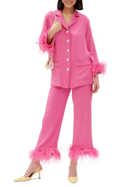 Sleeper Party Cropped Feather-trim Pajama Set In Fuchsia,pink