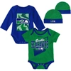 OUTERSTUFF NEWBORN & INFANT GREEN/ROYAL SEATTLE SEAHAWKS VICTORY FORMATION THROWBACK THREE-PIECE BODYSUIT AND K