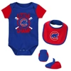 Outerstuff Newborn And Infant Boys And Girls Royal Chicago Cubs Little Champ Three-pack Bodysuit Bib And Bootie In Royal