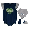 OUTERSTUFF GIRLS NEWBORN & INFANT COLLEGE NAVY/HEATHERED GRAY SEATTLE SEAHAWKS ALL THE LOVE BODYSUIT BIB & BOOT