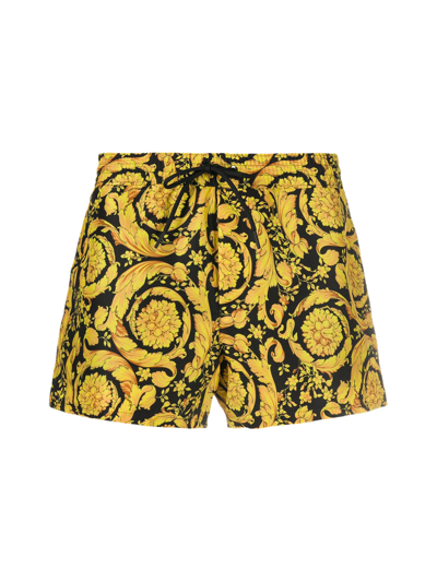 Versace Gold-tone Barocco Print Swim Shorts In Black