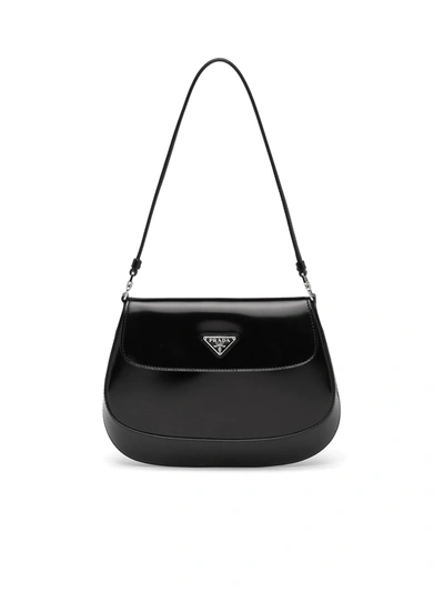 Prada Cleo Brushed Leather Shoulder Bag With Flap In Black