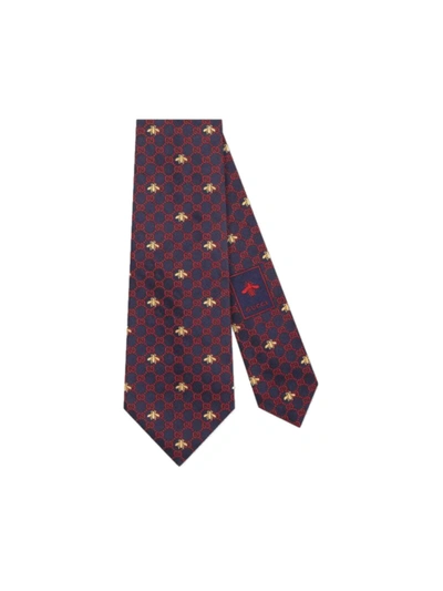 Gucci Silk Tie With Bees And Gg Pattern In Blue