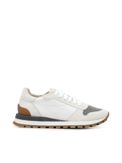 Brunello Cucinelli Suede And Techno Fabric Runners With "precious Toe" In White