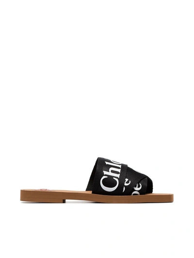 Chloé Mules Woody Linen In Black