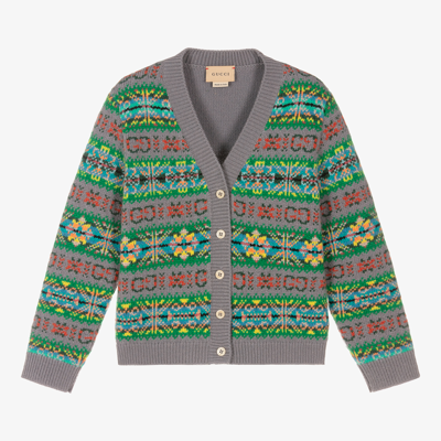 Gucci Kids' Jacquard Wool And Cotton Cardigan In Grey