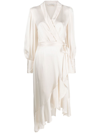 Zimmermann Balloon-sleeve Silk-satin Wrap Midi Dress In Nude & Neutrals