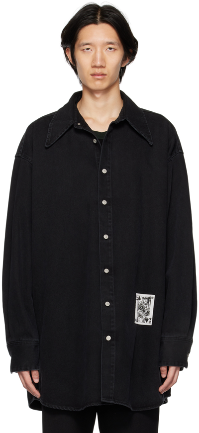 Mm6 Maison Margiela Graphic Patch Detail Oversize Dark Wash Denim Button Up Shirt In Black