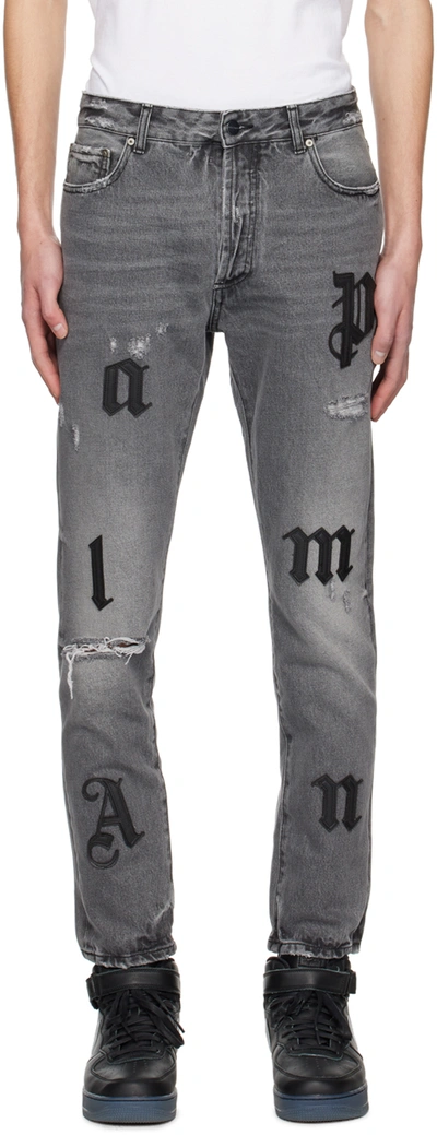 Palm Angels Mid-rise Distressed Appliqué Skinny Jeans In Grey