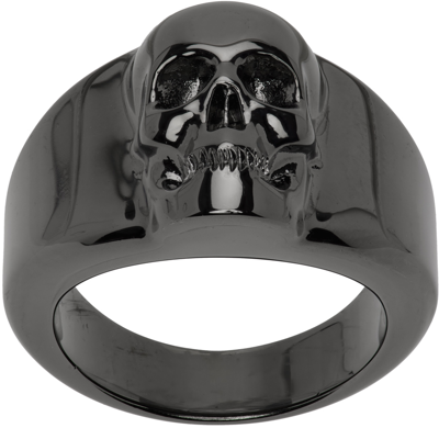 Alexander Mcqueen Gunmetal Skull Ring In Black