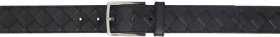Bottega Veneta Men Black Belt With Silver-colored Buckle In Intreccio Leather Man