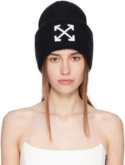 Off-white Arrow Embroidered Ribbed Wool Beanie In Black White