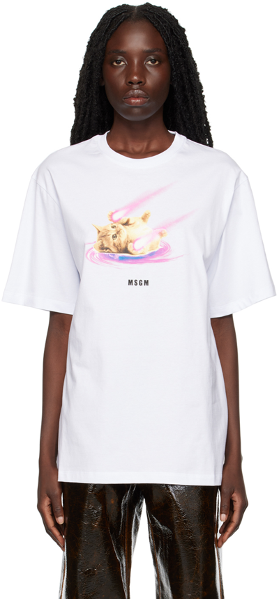 Msgm Cosmic Cat Print T-shirt In White