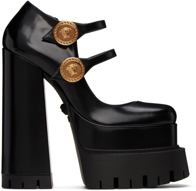 Versace Black Buttoned Platform Heels In 1b00v Black-