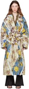 ACNE STUDIOS BEIGE & BLUE PATCH FLOWER PRINT COAT