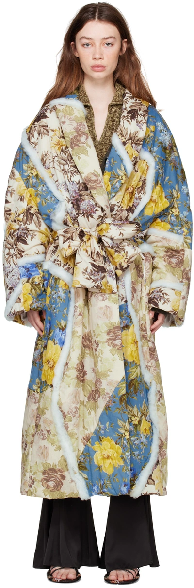 ACNE STUDIOS BEIGE & BLUE PATCH FLOWER PRINT COAT