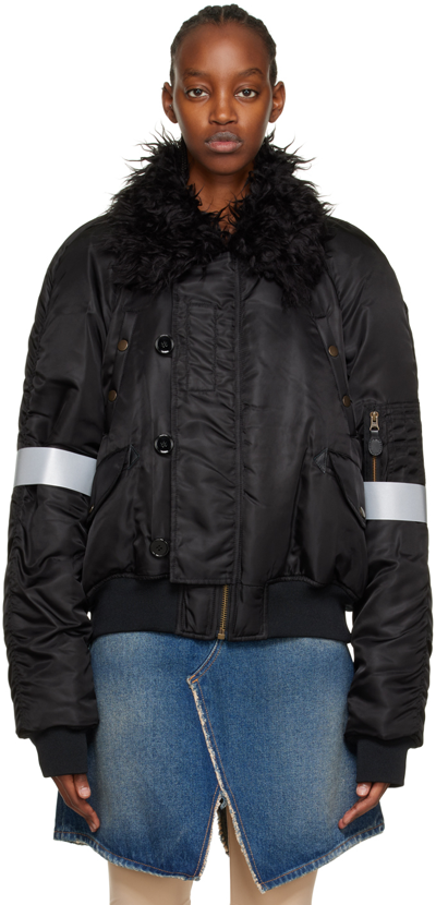 Mm6 Maison Margiela Faux-fur Collar Bomber Jacket In Black