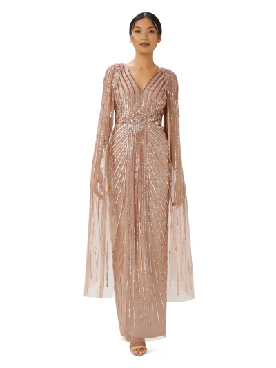 Adrianna Papell Women's Beaded V-neck Cape Gown In Rose Gold
