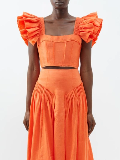 Aje Imagination Ruffle-sleeve Linen-blend Cropped Top In Orange