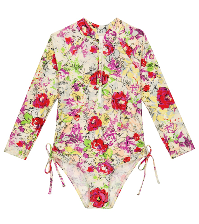 Zimmermann Kids' Clover Floral Rash Guard In Lipstick Peony Floral