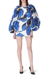 Carolina Herrera Gathered Floral-print Duchesse Silk-satin Mini Dress In Lupine Blue Mul