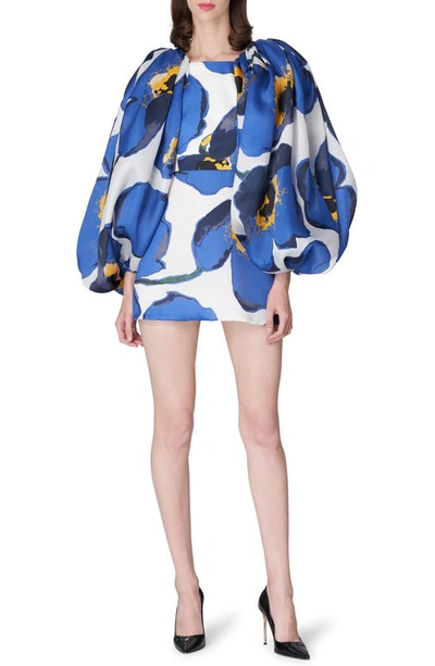 Carolina Herrera Gathered Floral-print Duchesse Silk-satin Mini Dress In Azzurro