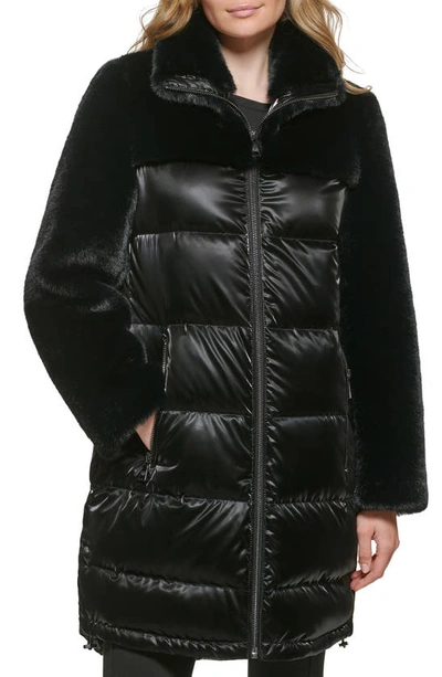 Karl Lagerfeld Lacquer Water Resistant Faux Fur Trim Puffer Jacket In Black