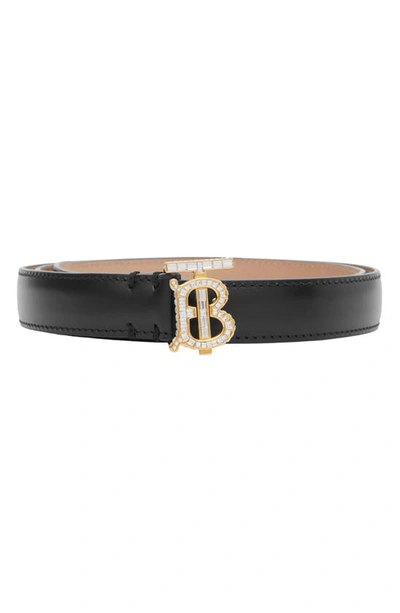 Burberry Crystal Tb Monogram Leather Belt In Black