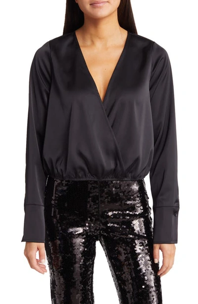 Good American Long Sleeve Stretch Satin Faux Wrap Top In Black001