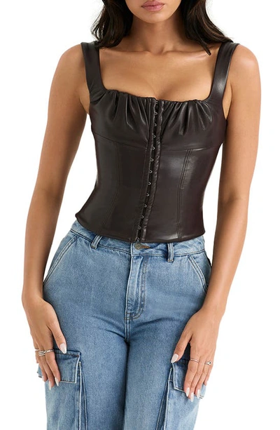 House Of Cb James Gather Faux Leather Corset Top In Cocoa