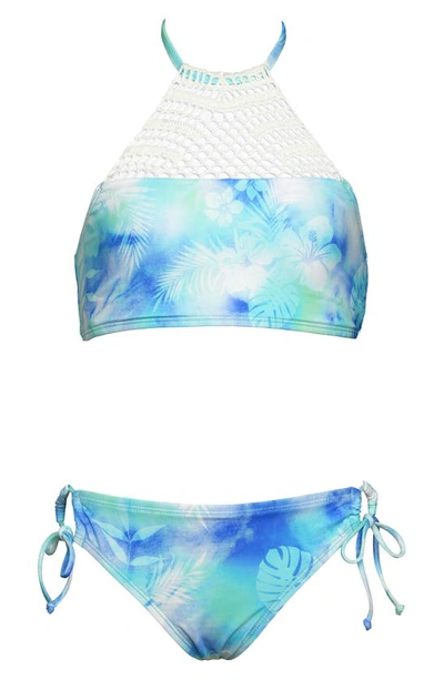 Hobie Kids' Tie Dye Crochet Trim Two-piece Swimsuit In Blue Hawaii