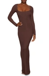 Skims Soft Lounge Long-sleeve Stretch-jersey Nightdress In Cocoa
