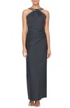 Alex Evenings Halter Neck Column Evening Gown In Charcoal