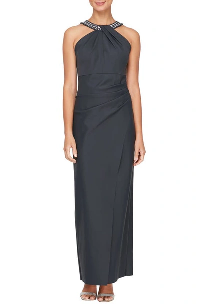 Alex Evenings Halter Neck Column Evening Gown In Charcoal