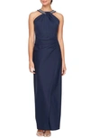 Alex Evenings Halter Neck Column Evening Gown In Navy