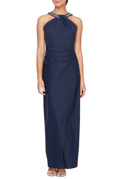 Alex Evenings Halter Neck Column Evening Gown In Navy