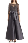 Pisarro Nights Beaded Illusion Neck Taffeta Cocktail Dress In Ash