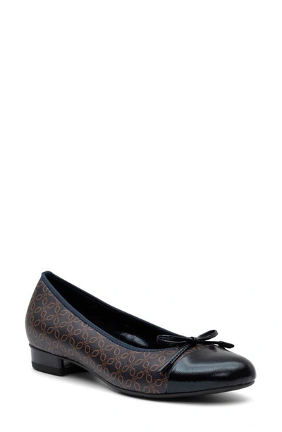 Ara Belinda Ballet Flat In Navy/ Brown Logo Print