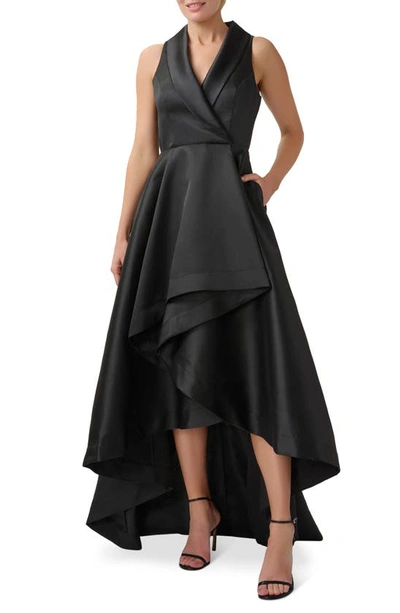 Adrianna Papell Tuxedo High-low Satin Gown In Black