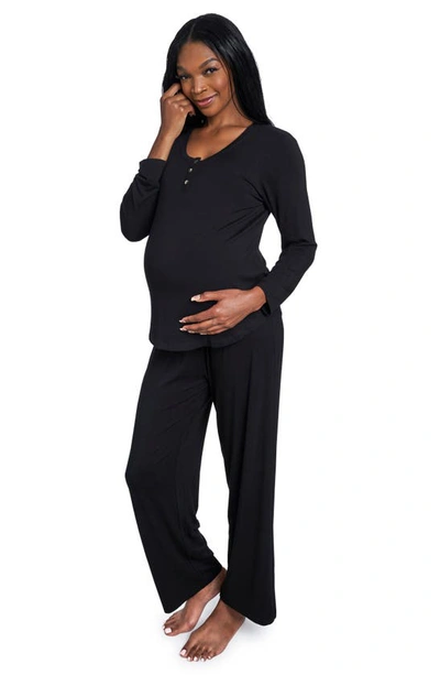 Everly Grey Laina Jersey Long Sleeve Maternity/nursing Pajamas In Black