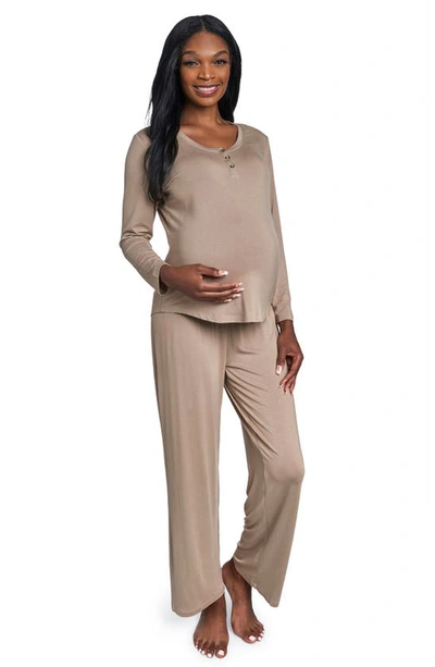 Everly Grey Maternity Laina Top & Pants /nursing Pajama Set In Latte