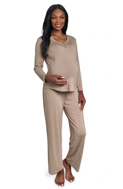 Everly Grey Laina Jersey Long Sleeve Maternity/nursing Pajamas In Latte