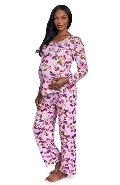 Everly Grey Maternity Laina Top & Pants /nursing Pajama Set In Lavender Rose